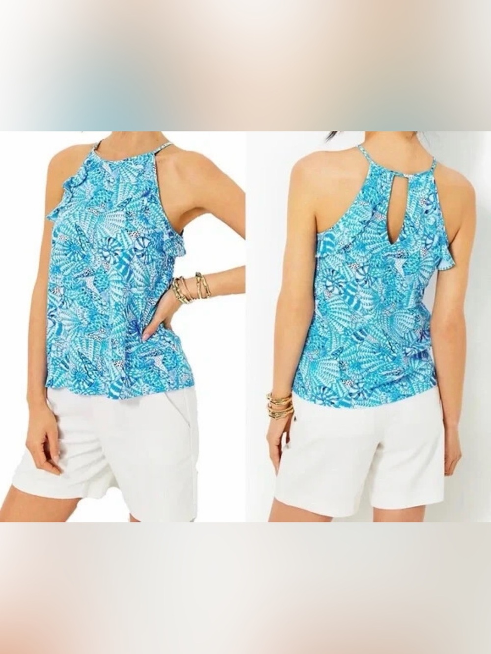 Lilly Pulitzer Aqua Blue Tropical Print Halter Camisole - Picture 1 of 7